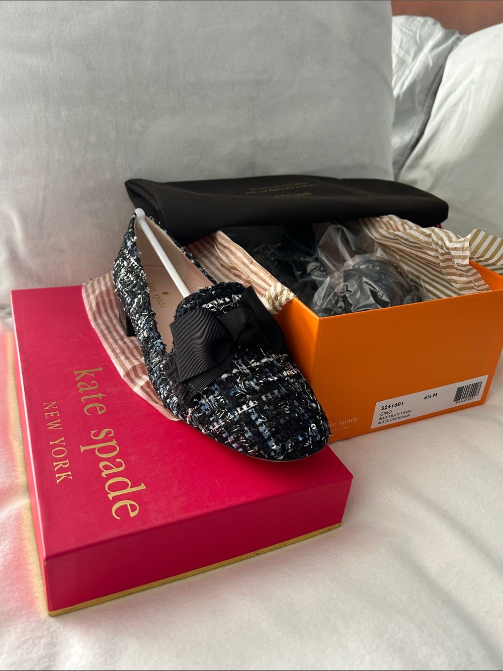 kate spade Black & White Tweed Bow Loafers